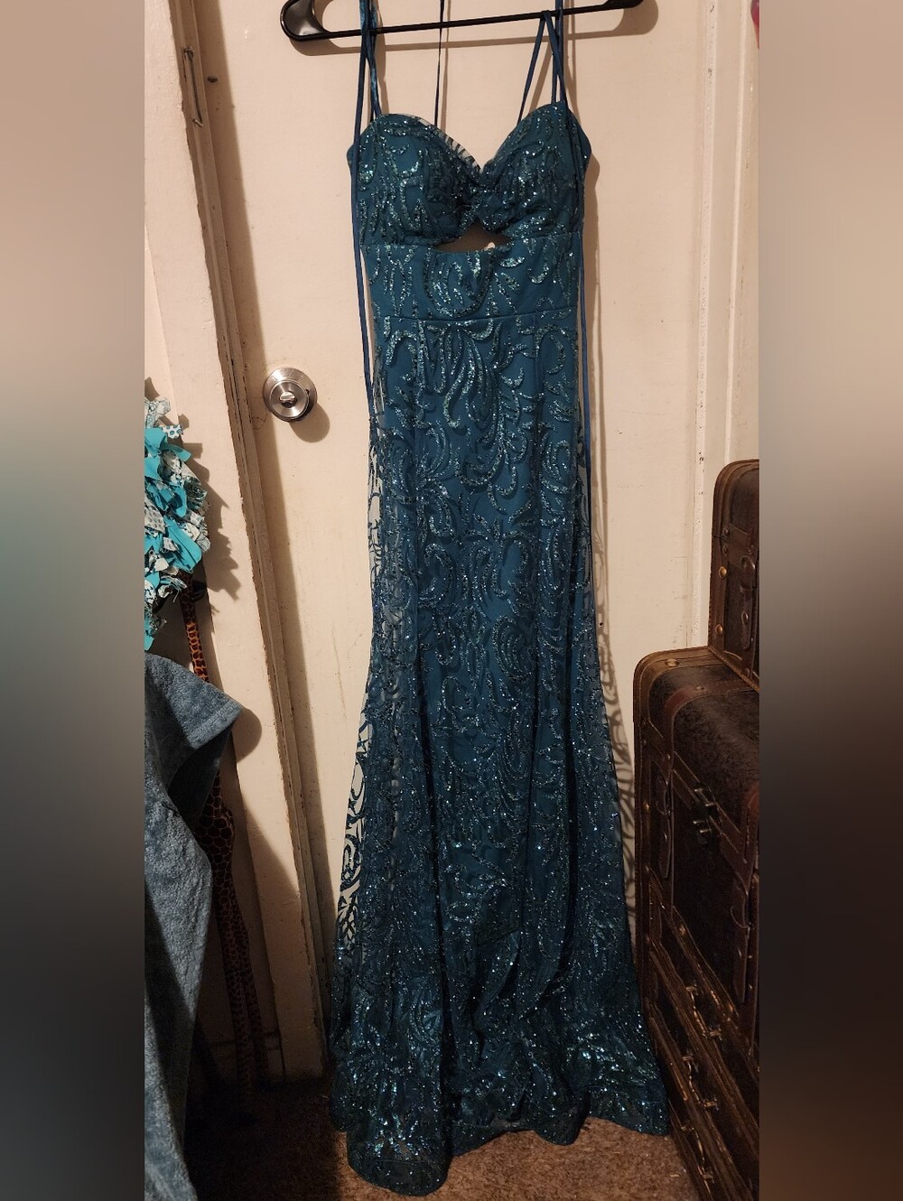 Teal Beaded Evening Gown with Spaghetti Straps